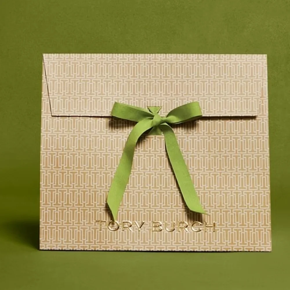 New 2025 season! Tory Burch SMALL gift bag. Newest style tan color, green ribbon